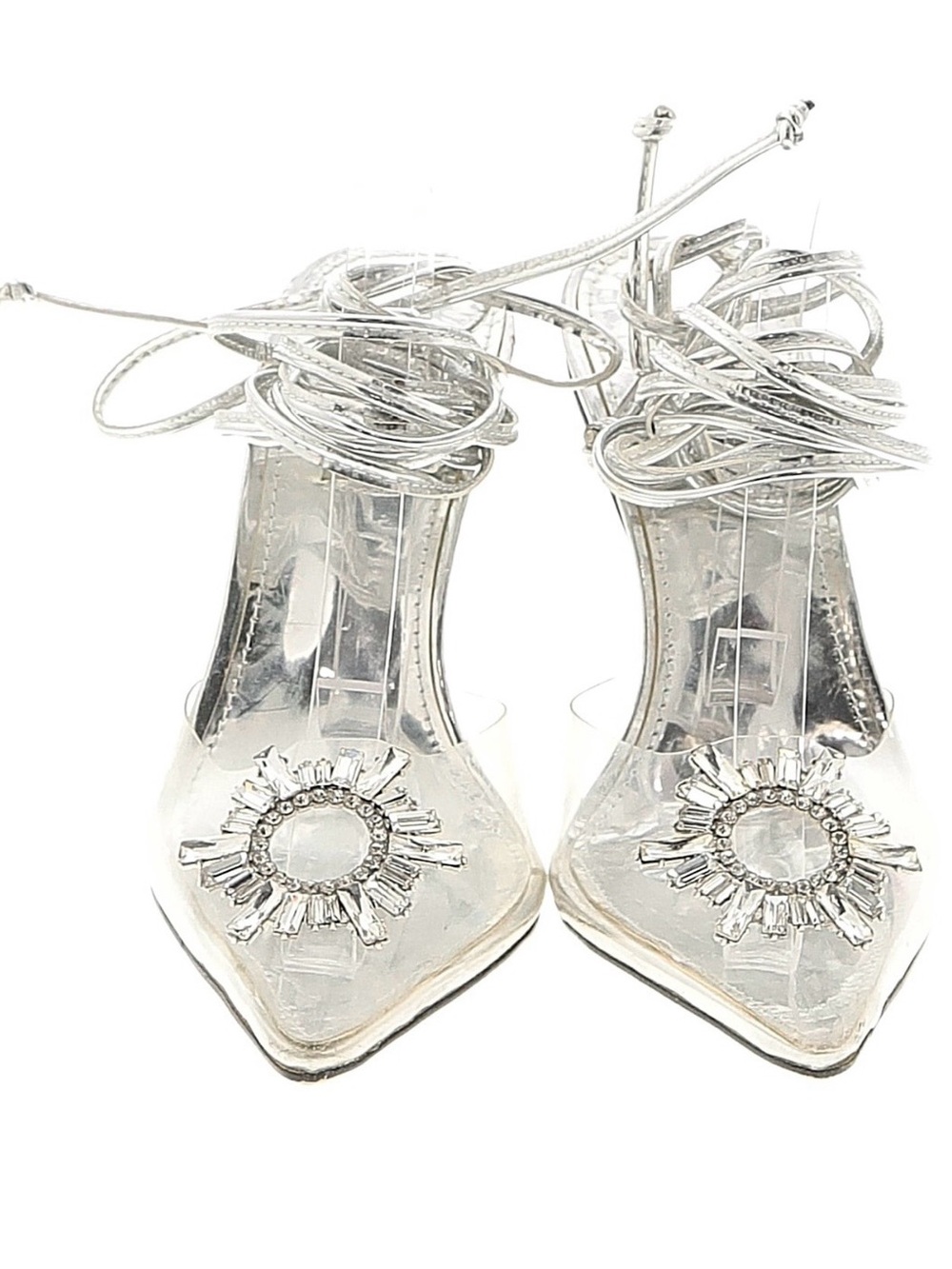 Womenโs Silver Clear Gem Lace-Up Heels